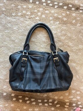 Burberry Black Perforated City Leather Dark Charcoal Check Medium Ellers Bag